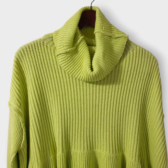 Free People Layer Cake Sweater Key Lime Green Sz XS Ribbed Asymmetric Turtleneck - Picture 2 of 13